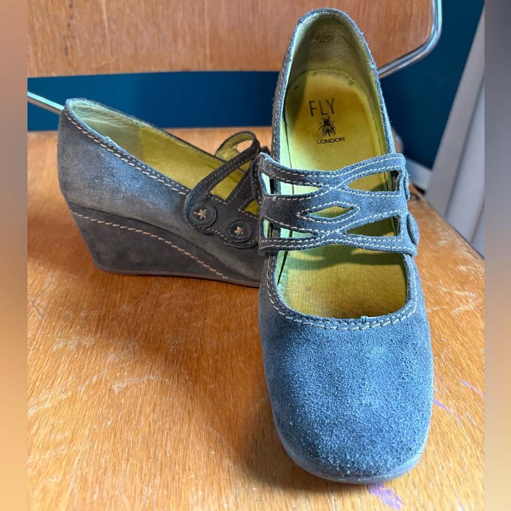 Fly London Vintage Blue Suede Wedge Shoes